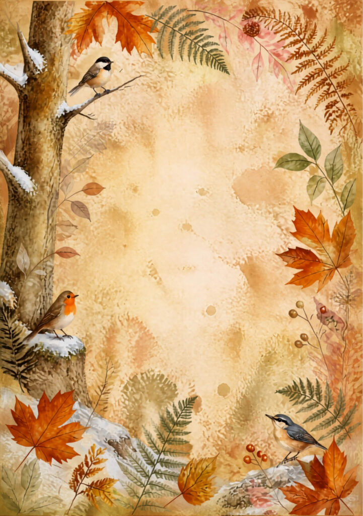 A5 botanical junk journal spread with snow covered tree, autumnal leaves, robin and finches and berries and ferns on an aged paper background