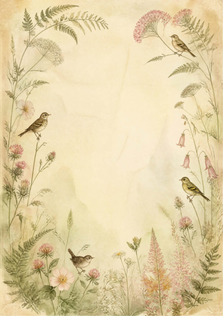 A5 botanical junk journal spread with pink and white flowers and ferns and birds on an aged paper background