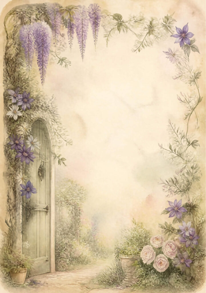 A5 botanical junk journal spread with cottage door, purple and white flowers and roses, pots and grasses and ferns on an aged paper background