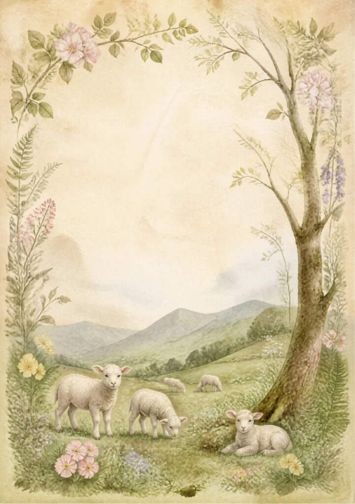 A5 botanical junk journal spread with sheep in a field, tree and hills in bakground and pink, purple and white flowers and ferns on an aged paper background