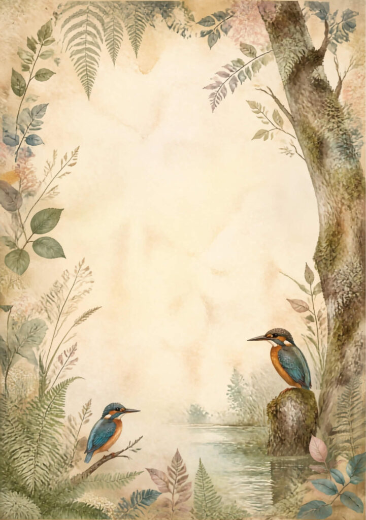 A5 botanical junk journal spread with blue green and white flowers and ferns, a tree trunk and kingfishers perched on branches overlooking a pond on an aged paper background