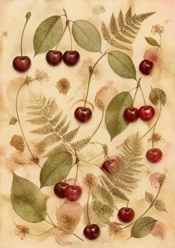 A5 botanical junk journal spread with cherries, ferns, and pink flowers on an aged paper background