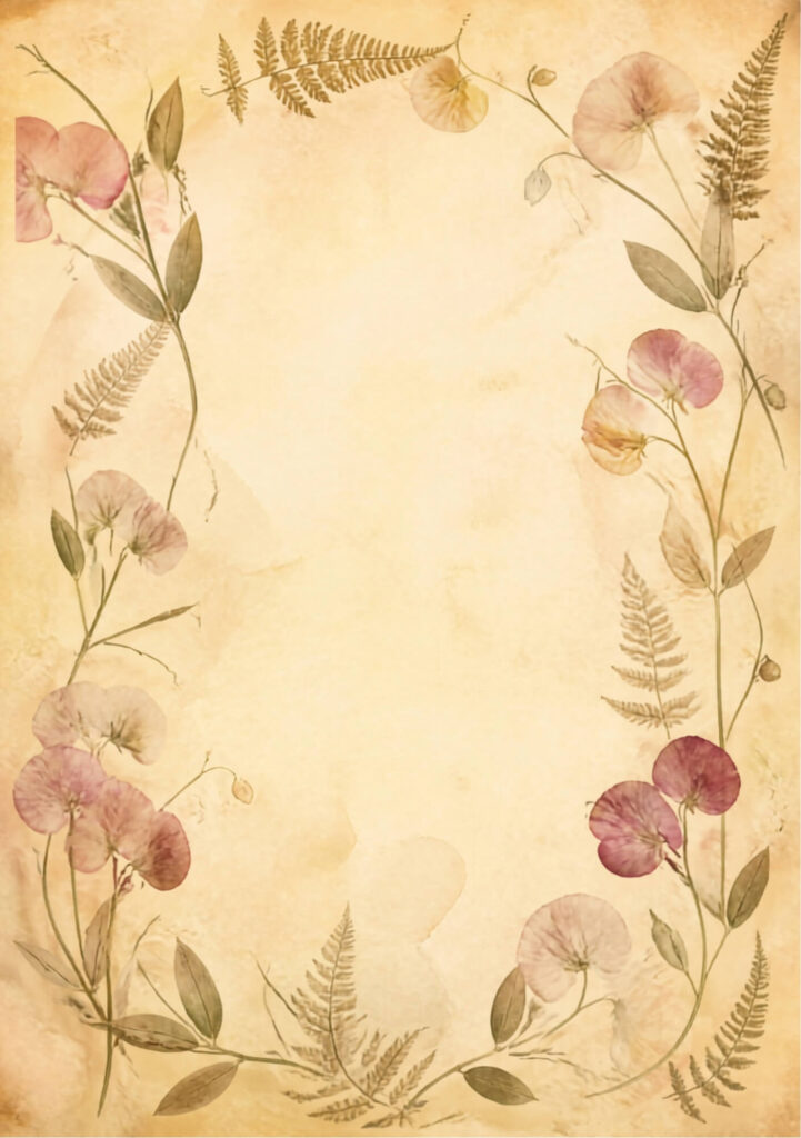 A5 botanical junk journal spread with ferns, and pink flowers on an aged paper background