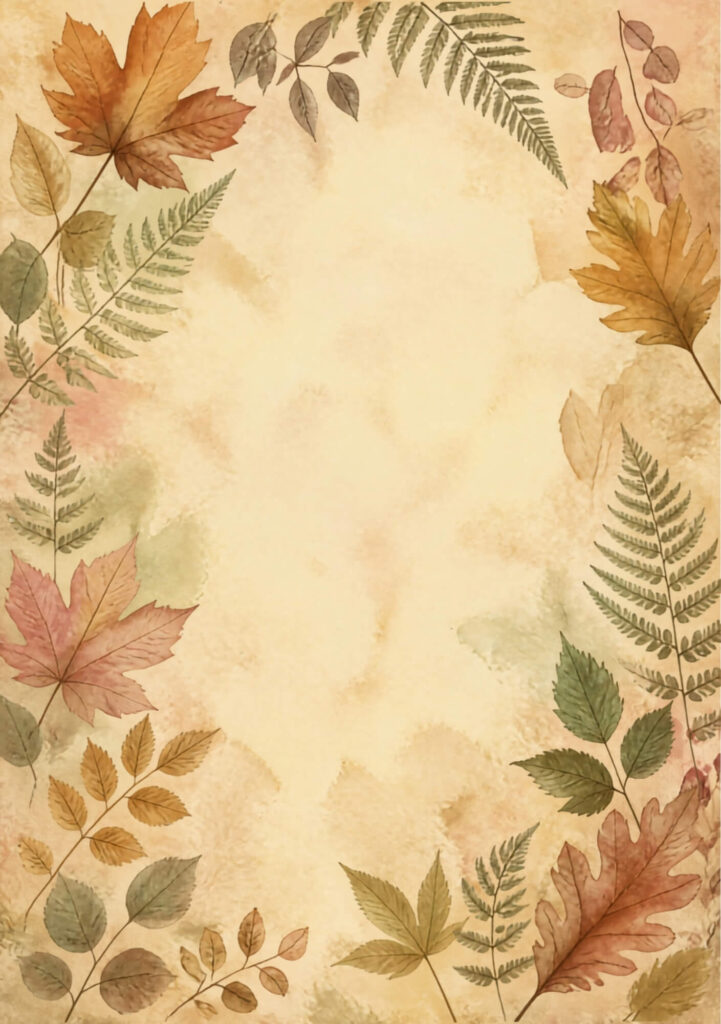 A5 botanical junk journal spread with autumn leaves and ferns on an aged paper background