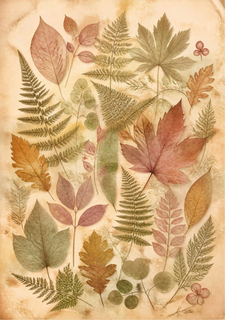 A5 botanical junk journal spread with autumn leaves and ferns on an aged paper background
