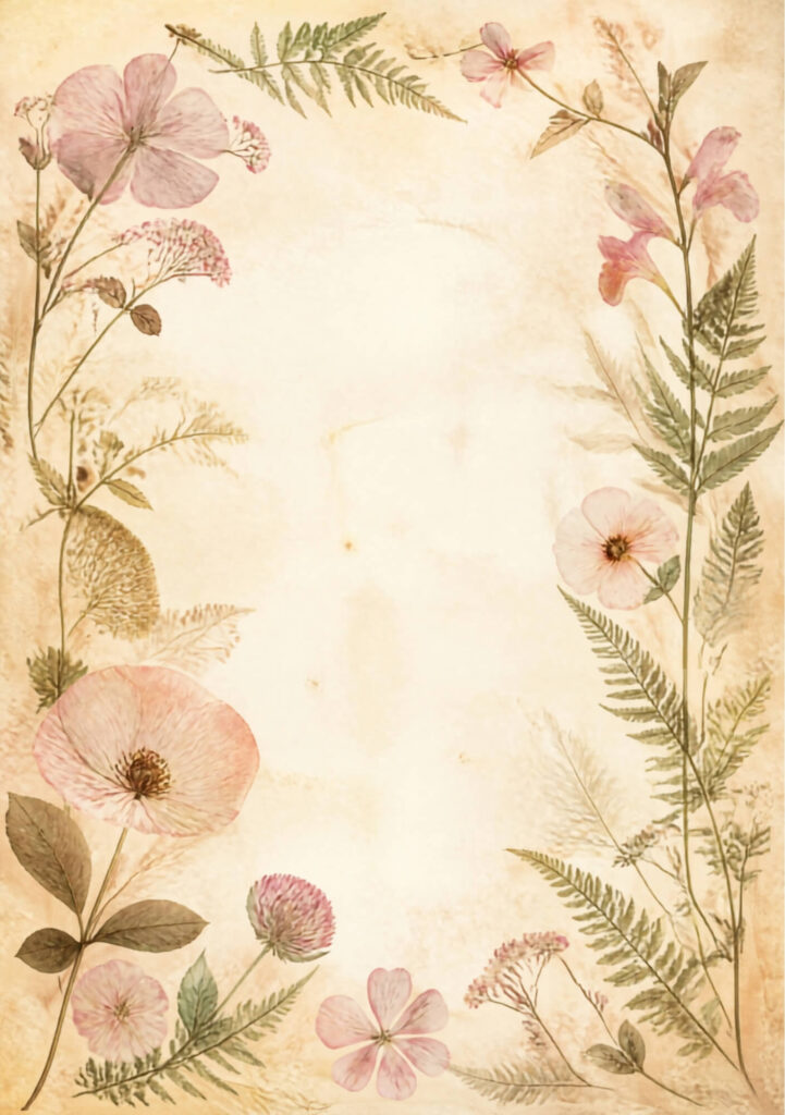 A5 botanical junk journal spread with pink flowers and ferns on an aged paper background