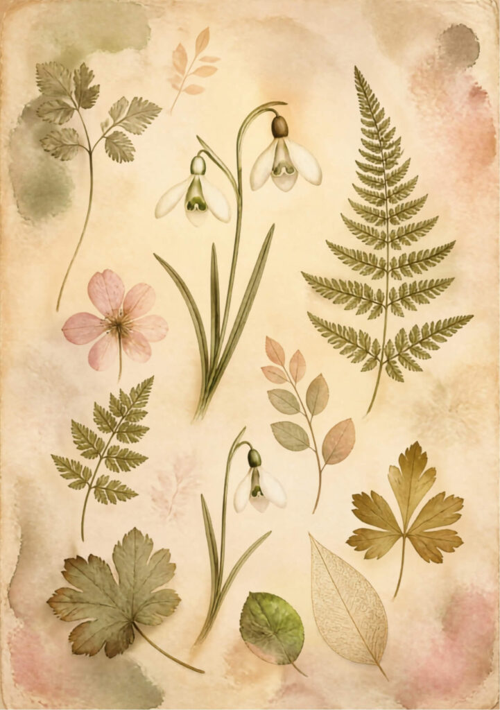 A5 botanical junk journal spread with leaves and ferns and pink and white flowers on an aged paper background