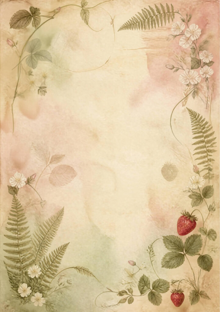 A5 botanical junk journal spread with pink and white flowers and ferns and strawberries on an aged paper background