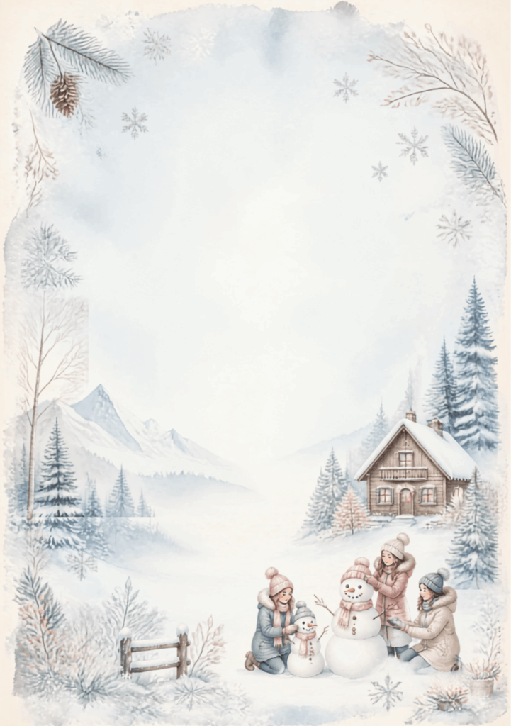 A5 Winter Wonderland Scene with log cabin, snowy trees and mountains, three women in snowy outfits building two snowmen, small fence to the left side.