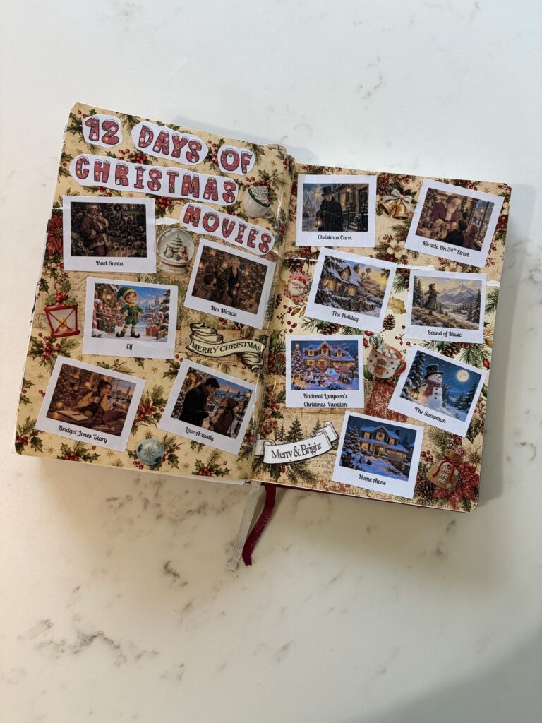 12 Days of Christmas Movies junk journal spread with movies as polaroids shown across two pages of an a5 junk journal