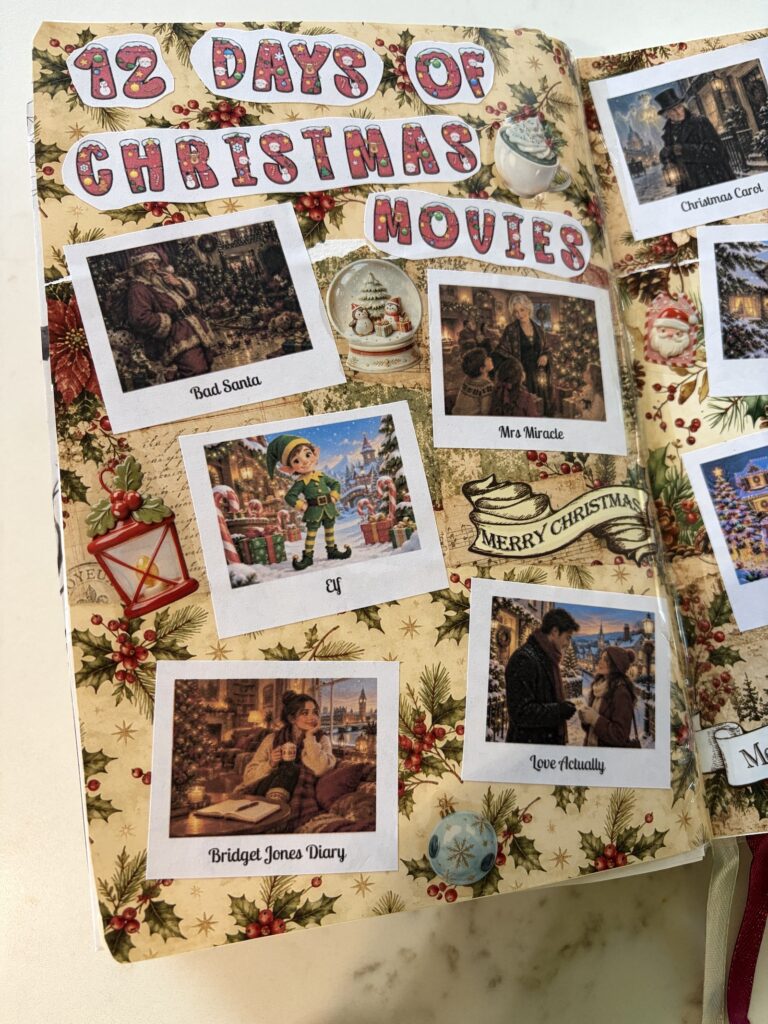 12 Days of Christmas Movies junk journal spread with movies as polaroids shown across two pages of an a5 junk journal