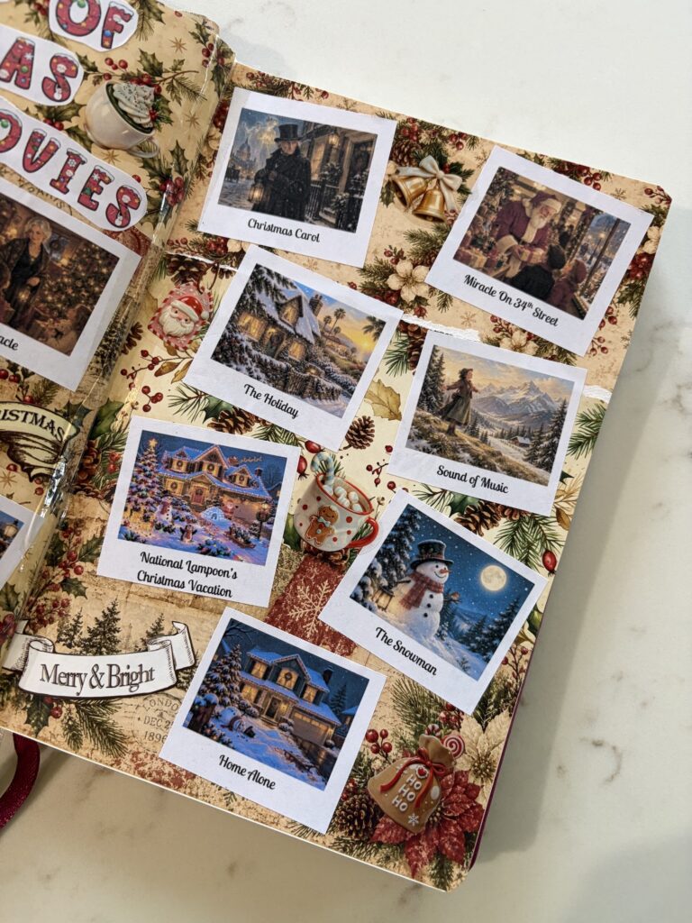 12 Days of Christmas Movies junk journal spread with movies as polaroids shown across two pages of an a5 junk journal