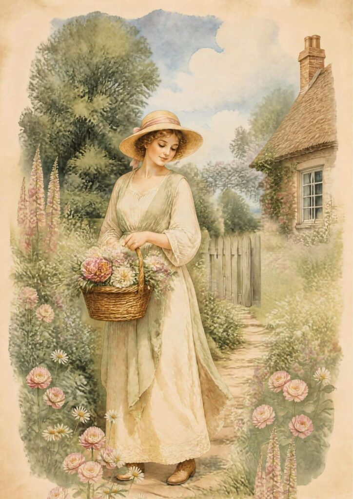 A5 COTTAGE GARDEN JUNK JOURNAL PRINTABLES with an illustrated woman in a straw hat gathering roses into a basket beside a thatched cottage