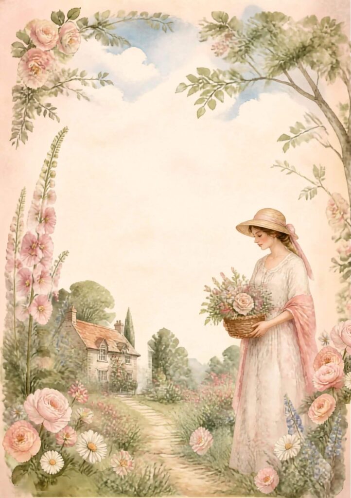 A5 cottage garden junk journal spread with an illustrated woman in a pink shawl carrying a flower basket along a garden path, cottage in the background