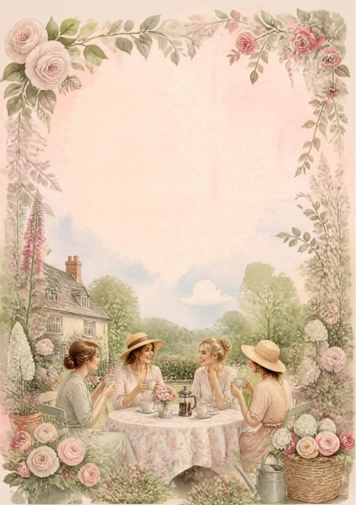 A5 cottage garden junk journal spread with four illustrated women having tea at a garden table, framed by hollyhocks and roses