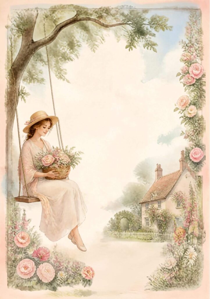 A5 cottage garden junk journal spread with an illustrated woman on a garden swing holding a basket of flowers, cottage visible through the trees
