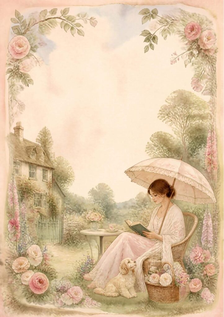 A5 cottage garden junk journal spread with an illustrated woman reading under a parasol beside a small dog, roses and hollyhocks framing the page