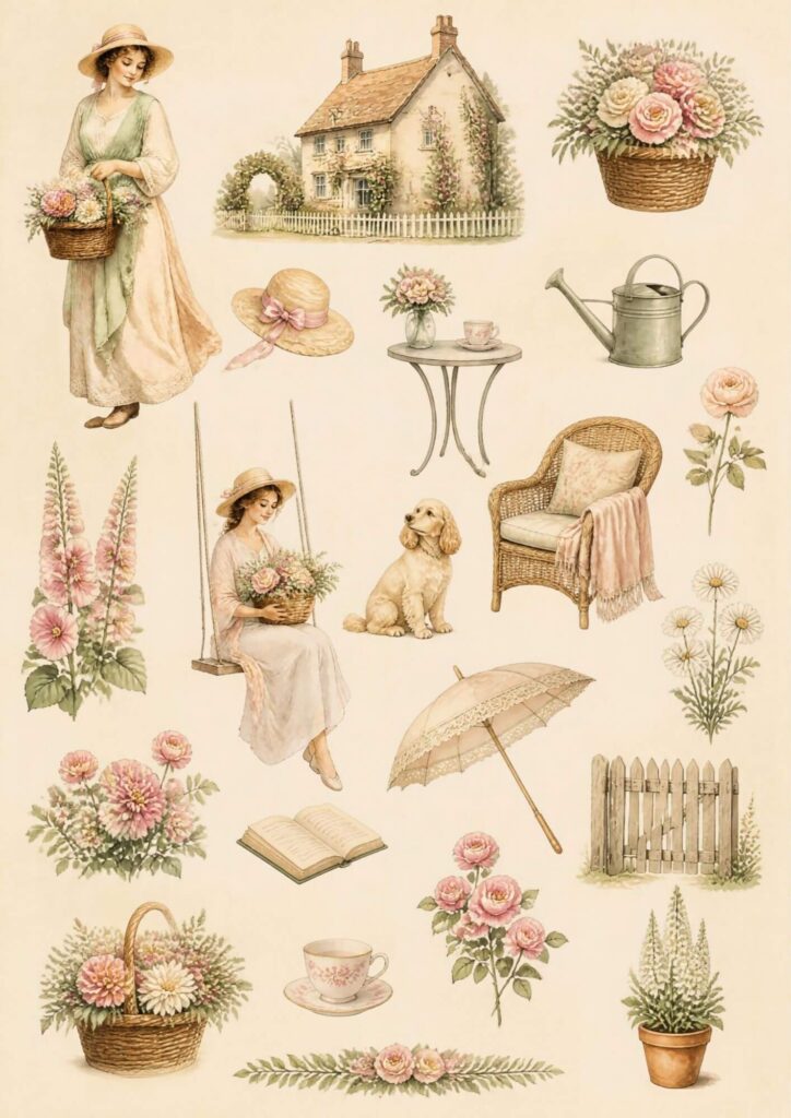 A5 cottage garden elements page with an illustrated woman, cottage, garden swing, dog, wicker chair, teacup, watering can, umbrella, gate and pressed florals