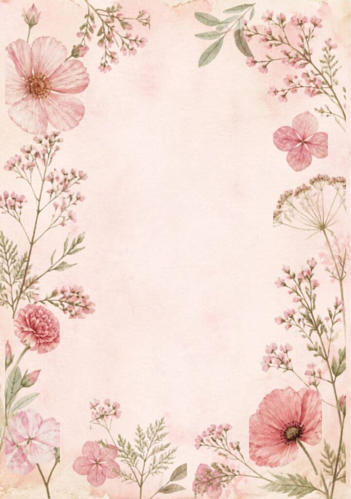 A5 PARIS AND PINK JUNK JOURNAL PRINTABLES junk journal spread with pressed wildflowers, roses and greenery framing an open cream centre