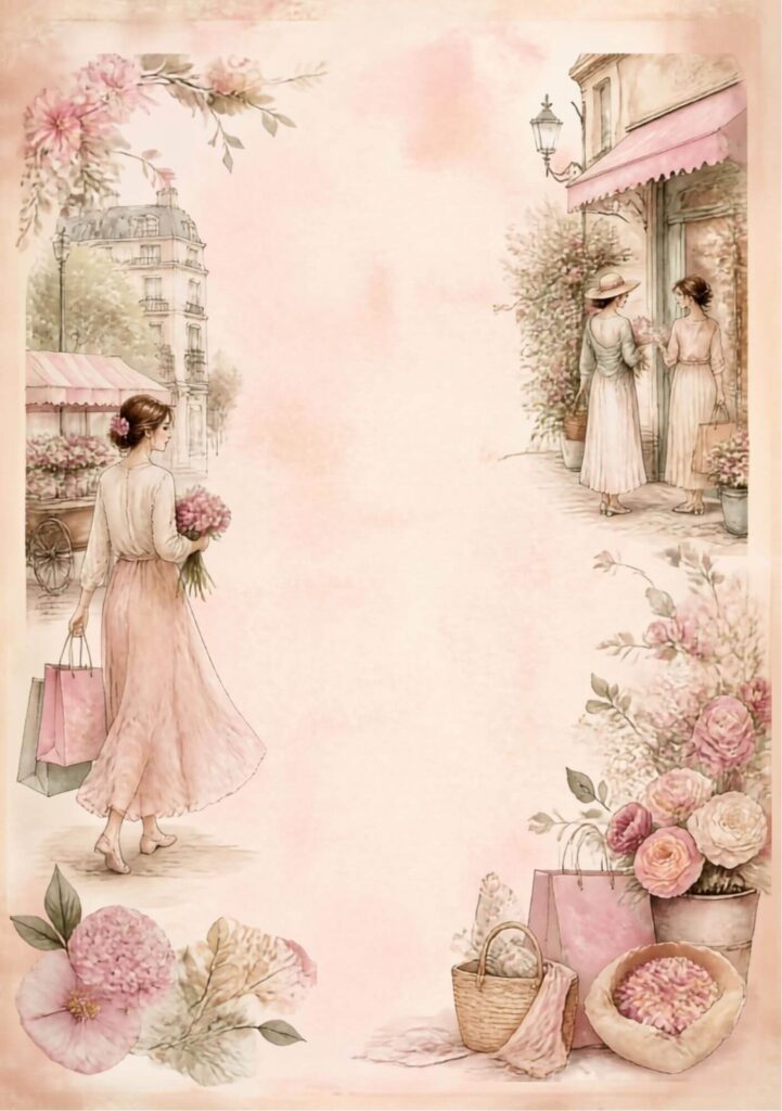 A5 Paris junk journal spread with two illustrated scenes, a woman carrying shopping and two friends outside a flower shop, pink roses and baskets in the border