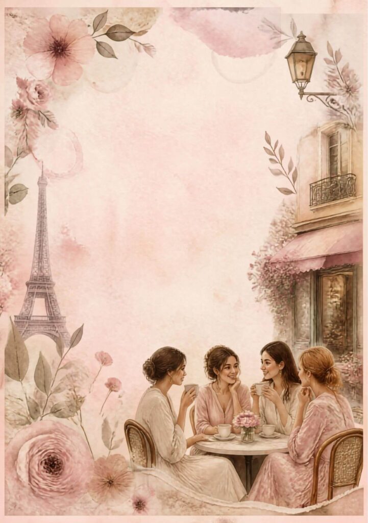 A5 Paris café junk journal spread with four illustrated women chatting over tea beneath the Eiffel Tower