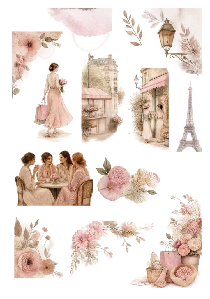 A5 Paris and pink elements page with a the Eiffel Tower, a woman walking holding bags and flowers, street scenes, a vintage road lamp,