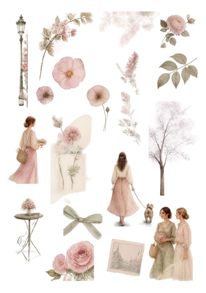 A5 Paris and pink elements page with a street lamp, pressed roses, an illustrated woman walking her dog, a bow and florals in a vase