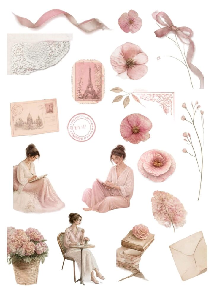 A5 Paris and pink elements page with a vintage postcard, ribbon, lace, illustrated women writing and drinking tea, books, an envelope and pressed roses
