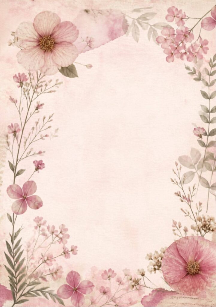 A5 muted pink floral junk journal spread with pressed flowers and foliage around a soft blush border
