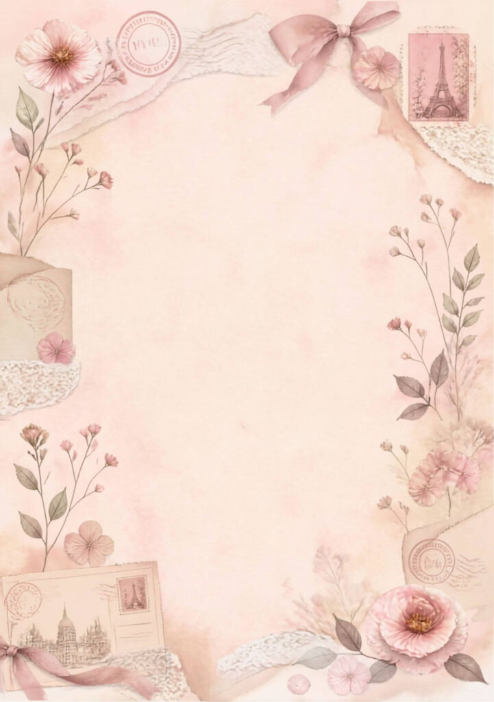 A5 Paris junk journal spread with vintage postcards, a Eiffel Tower stamp, lace and pressed pink flowers