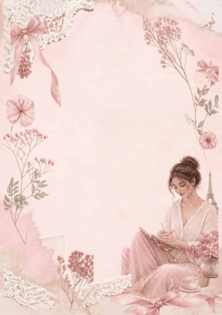 A5 junk journal spread with an illustrated woman writing in a journal on a cushioned seat, surrounded by pink florals and a glimpse of the Eiffel Tower