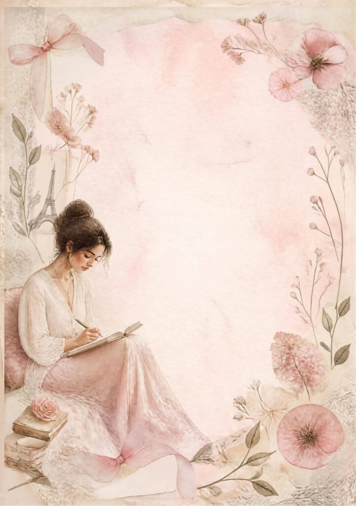 A5 junk journal spread with an illustrated woman in pink pyjamas writing in a journal, roses and books at her feet