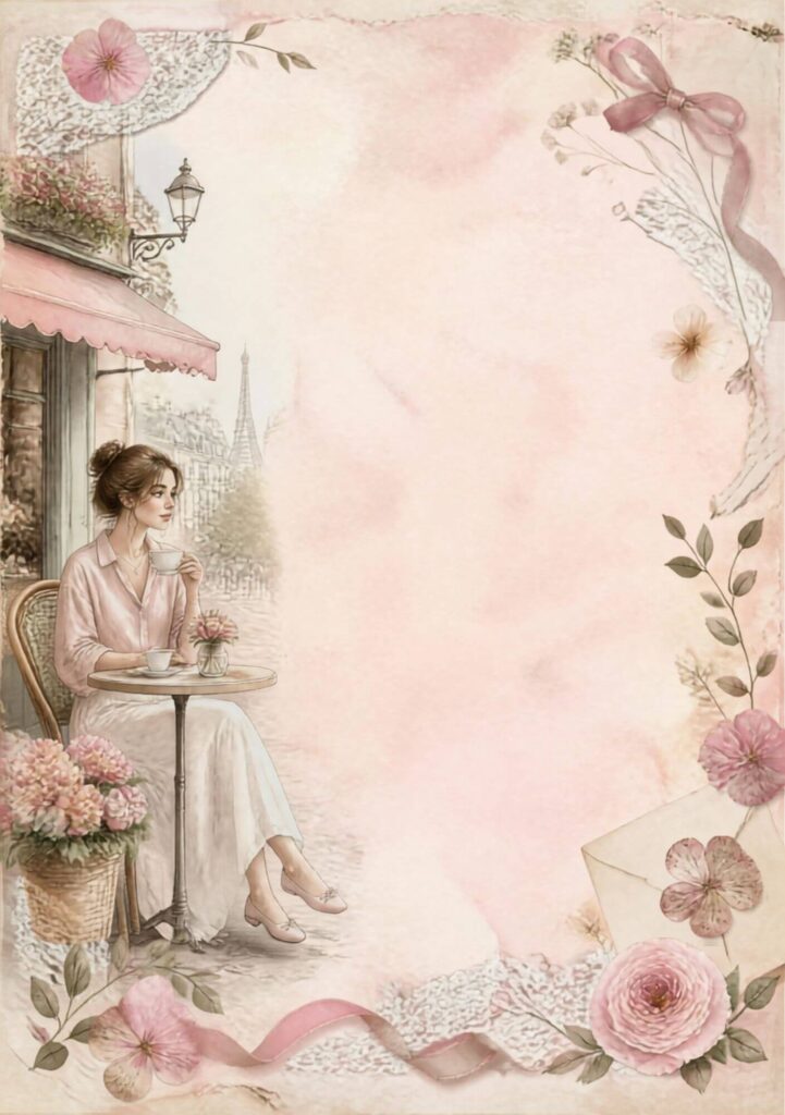 A5 Paris café junk journal spread with an illustrated woman drinking tea at a pavement table beneath a pink awning