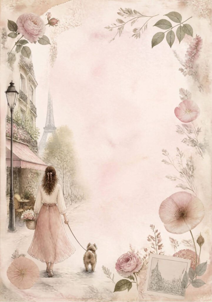 A5 Paris street junk journal spread with an illustrated woman walking her dog past the Eiffel Tower, pink roses in the border