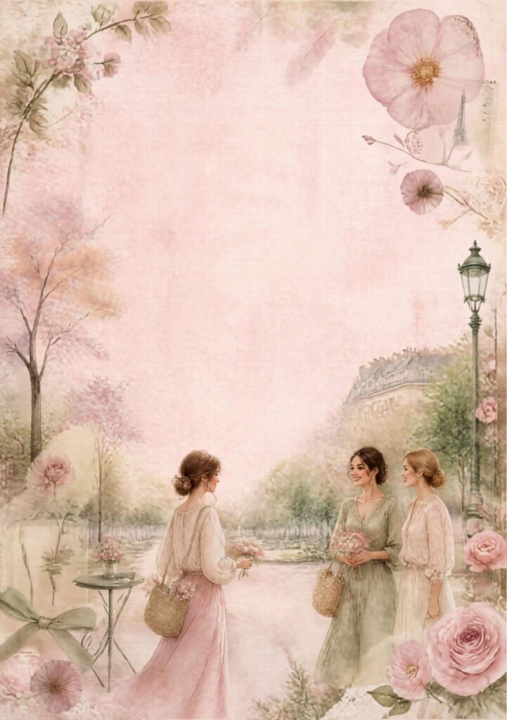 A5 Paris park junk journal spread with three illustrated women talking among blossom trees and pink florals